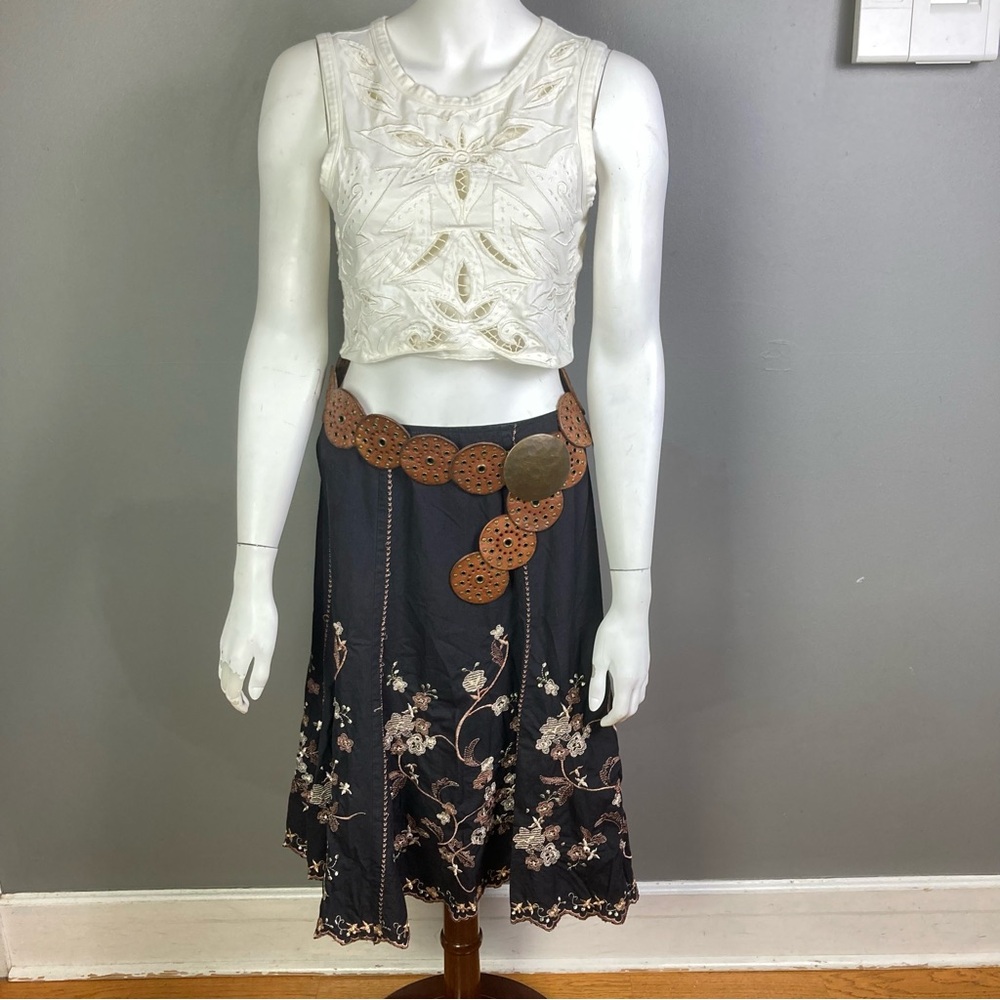 VTG western prairie skirt Medium maxi embroidered metallic floral on black 90's